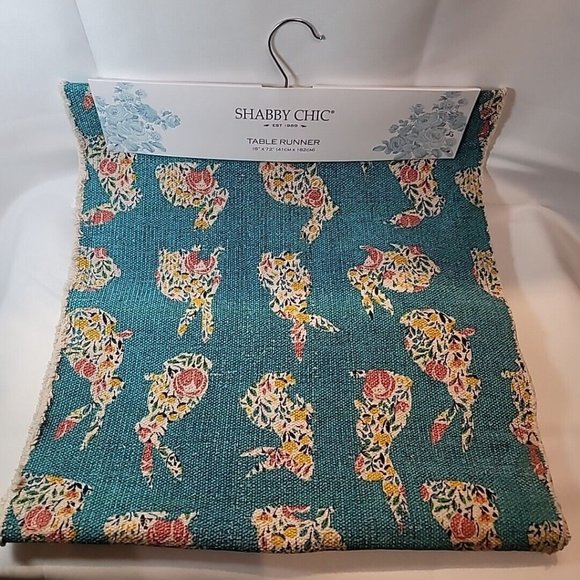 Shabby Chic Cotton Floral Bunny Spring Easter Table Runner Teal Blue 16" x 72"